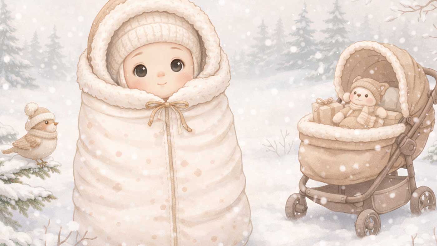 Baby im Kinderwagen im Winter warm halten