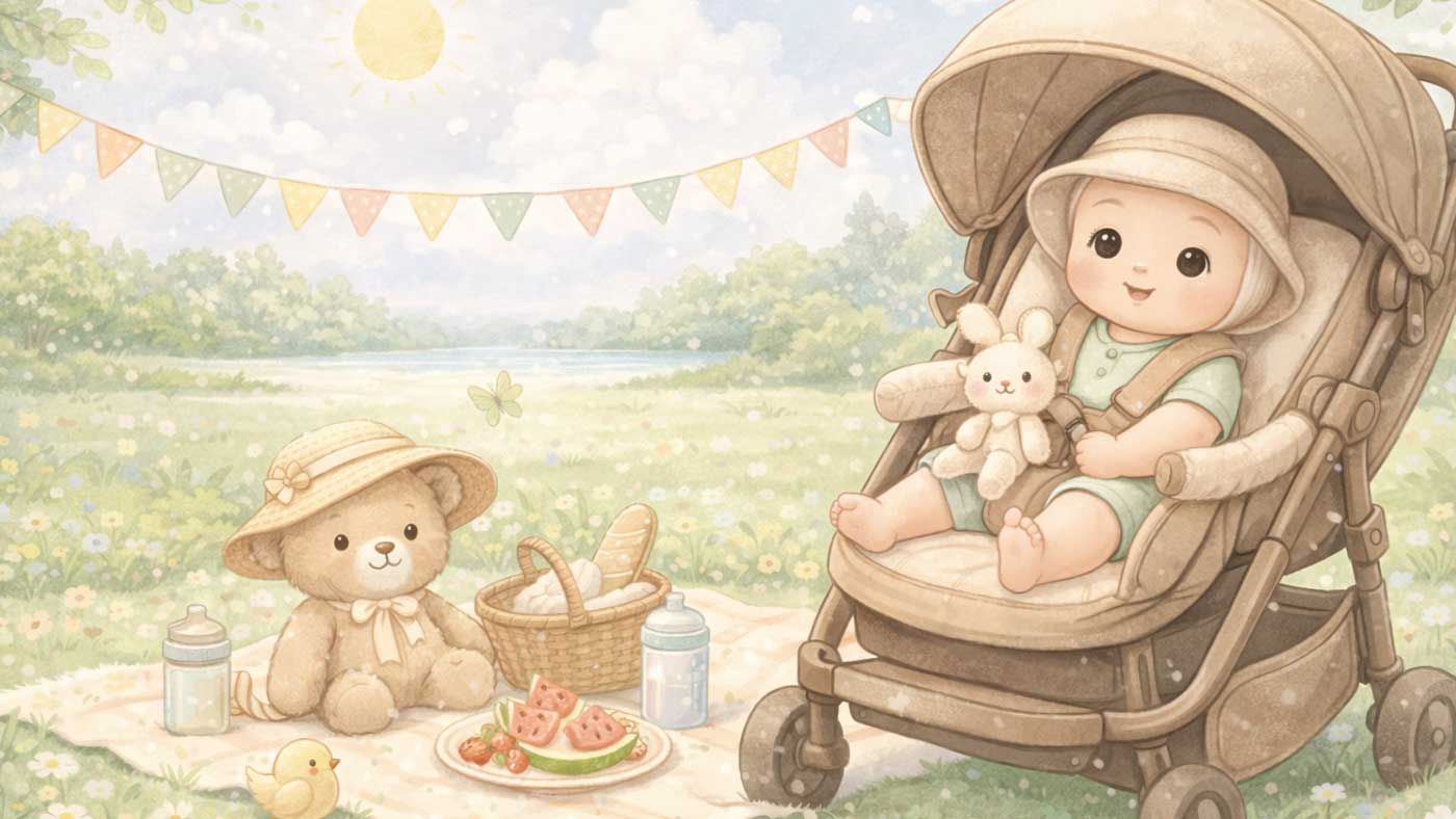 Babykleidung im Kinderwagen im Frühling